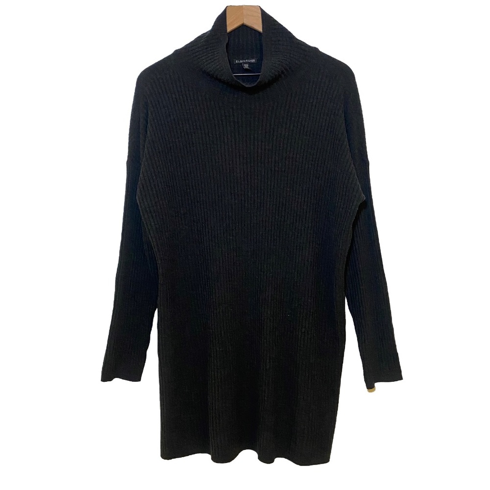Eileen Fisher Women Gray Wool High Neck Midi Sweater Long Sleeve Dress Size M
